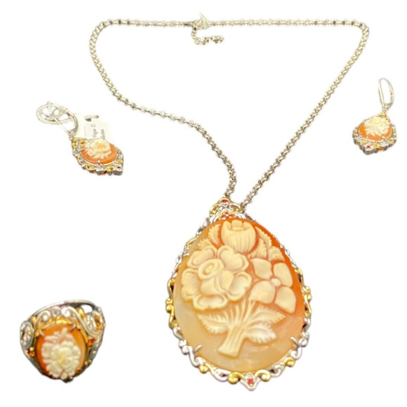 Gems En Vogue II Jewelry Set Italian Shell Cameo Flower Necklace Earrings Ring - Picture 1 of 16